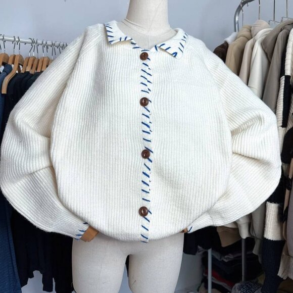 Sweaters - Cozy White Knit Cardigan With Blue Stitch Details